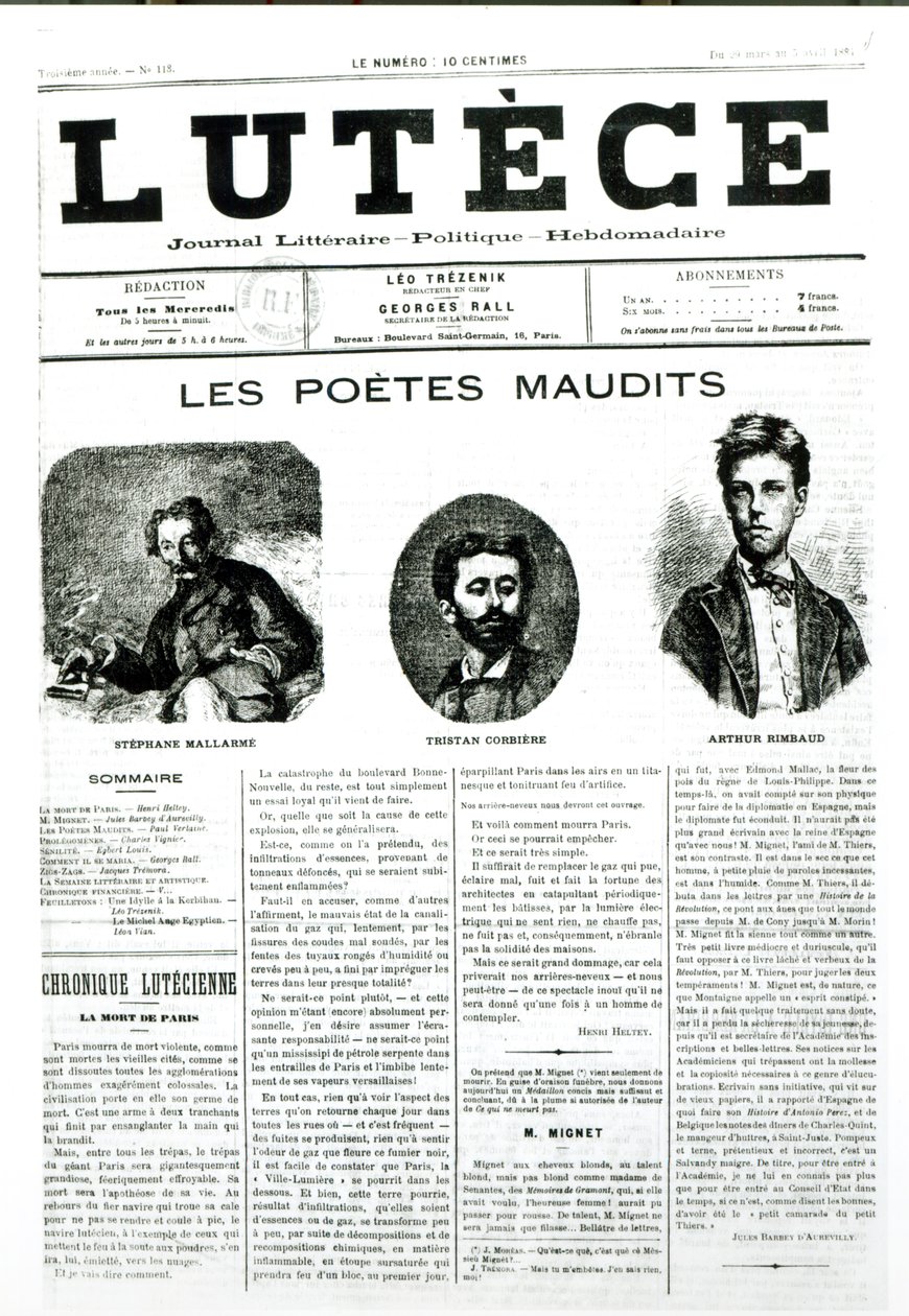 Die verfluchten Dichter, Titelseite der Zeitung Lutece, 1884 von French School