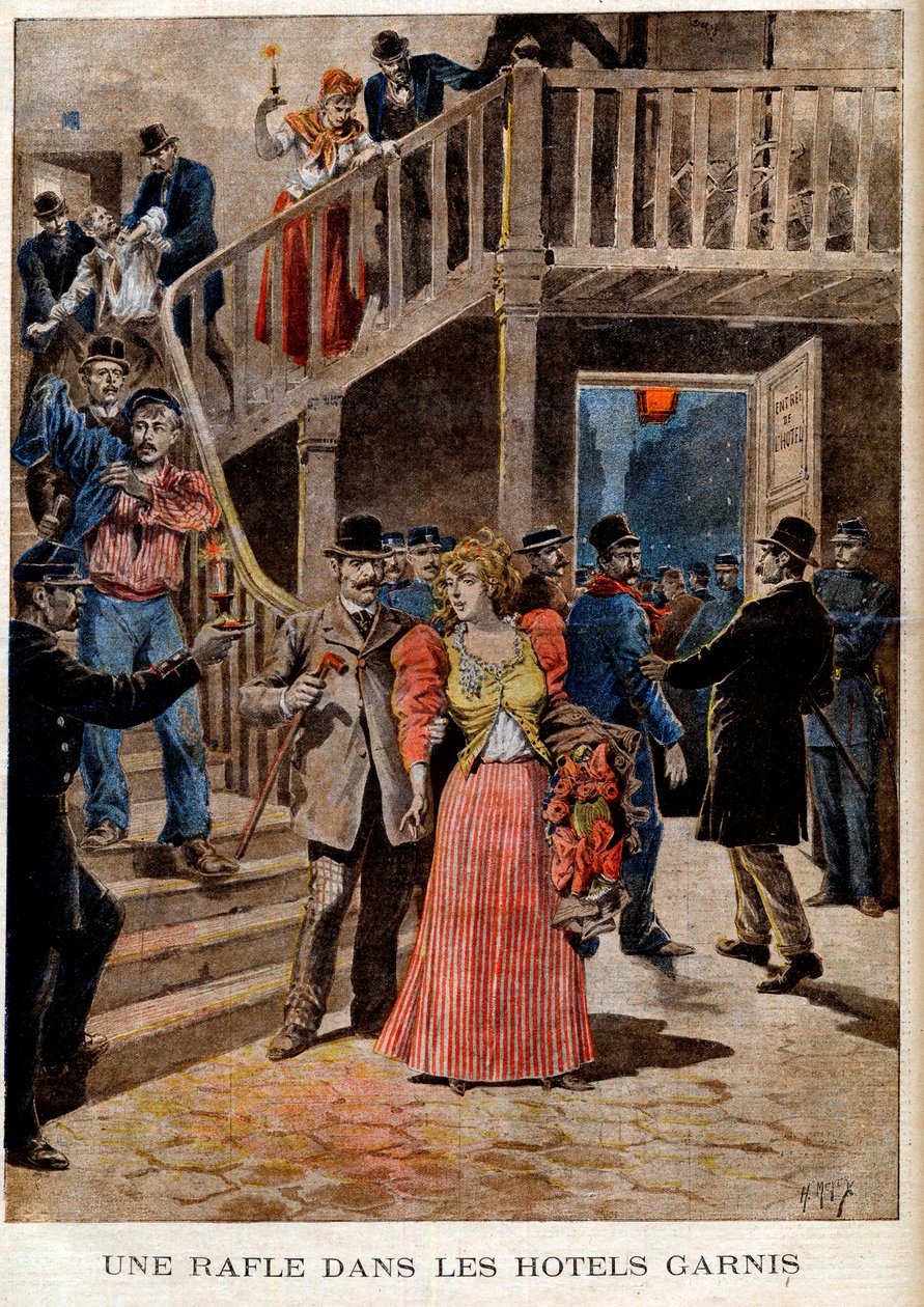 Die Verhaftung von Prostituierten in Pariser Hotels (Pension) - Eine Razzia in den gefüllten Hotels - in „Le Petit Journal“ vom 04.08.1895 (Gravur) von French School