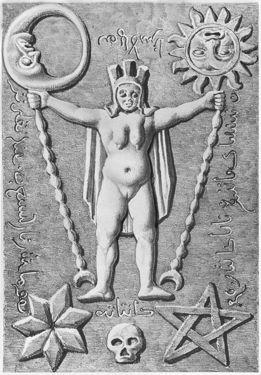 Der Baphomet der Tempelritter, Kopie eines Steinsarges gefunden in Essarois (Burgund) von French School