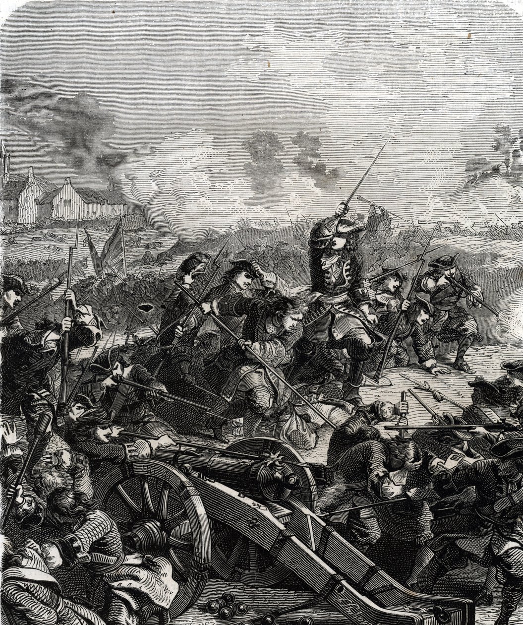Die Schlacht von Landen oder Neerwinden wurde im heutigen Belgien am 29. Juli 1693 während des Neunjährigen Krieges ausgetragen (Gravur) von French School