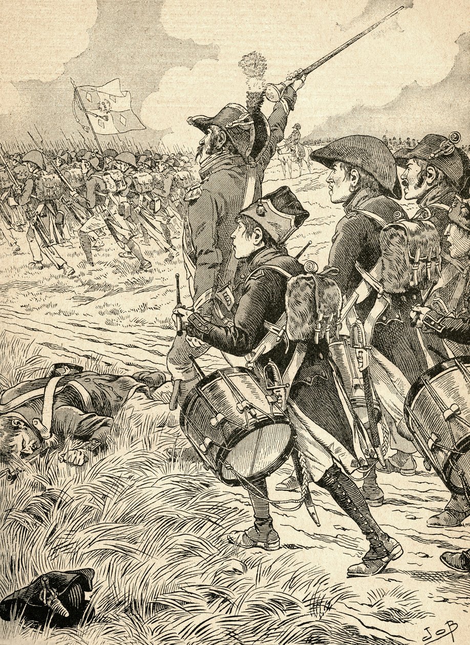 Die Schlacht von Marengo, Italien im Jahr 1800, zwischen den französischen Truppen unter Napoleon Bonaparte und den Österreichern. Aus Agenda Buvard du Bon Marché, veröffentlicht 1917. von French School