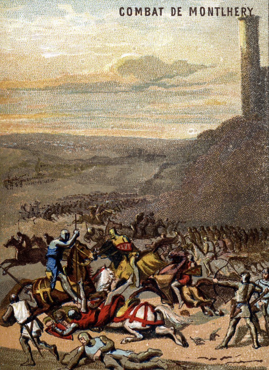 Die Schlacht von Montlhery (1227): Die Königreiche und die Feudalität - Blanche de Castille, Regentin ihres Sohnes Ludwig IX., unterdrückt den Aufstand der großen Feudalherren. Chromolithographie der Serie Patriotische Erziehung durch Bild von French School