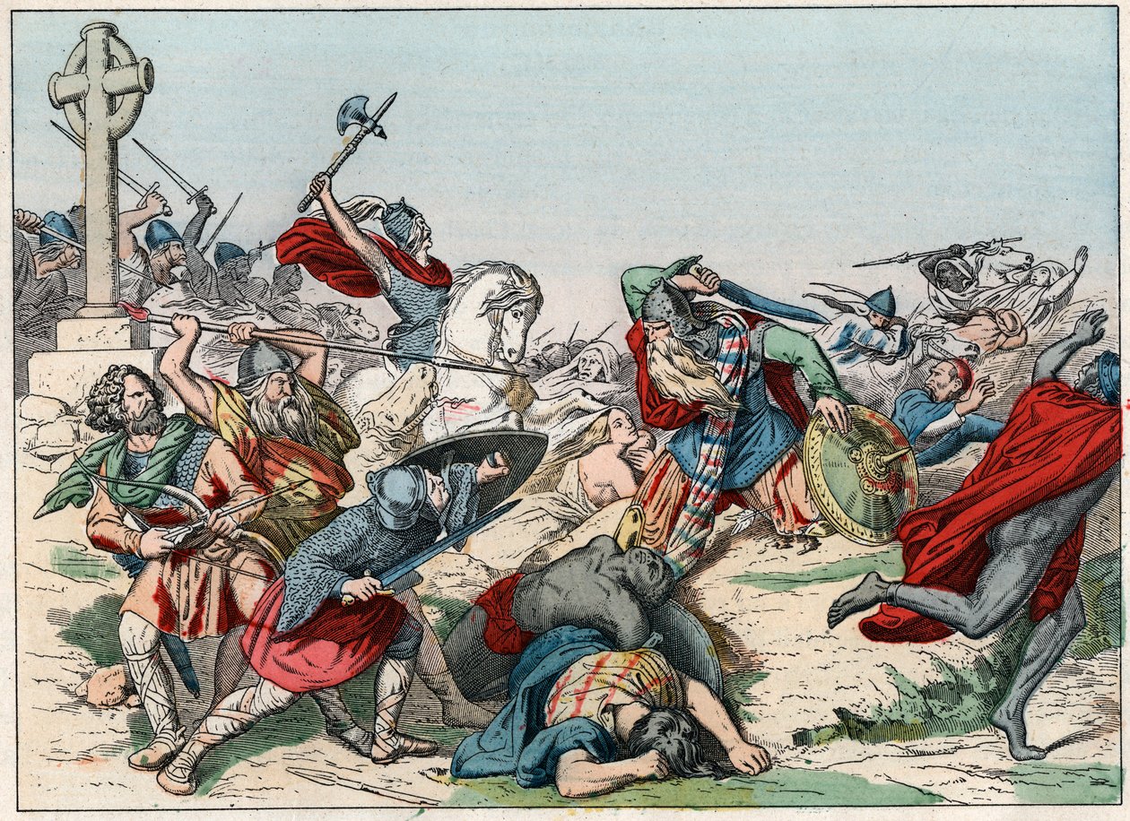 Die Schlacht von Poitiers am 25. Oktober 732, gewonnen von Karl Martell - Die Schlacht von Poitiers, 25. Oktober 732, gewonnen von Karl Martell (688-741) - Gravur aus dem Ende des 19. Jahrhunderts in „Nos Gires Nationales - Bilder und Erzählungen“. von French School