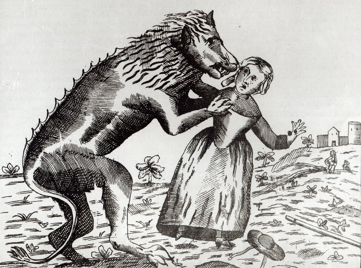 Das Biest von Gévaudan greift ein junges Mädchen an von French School