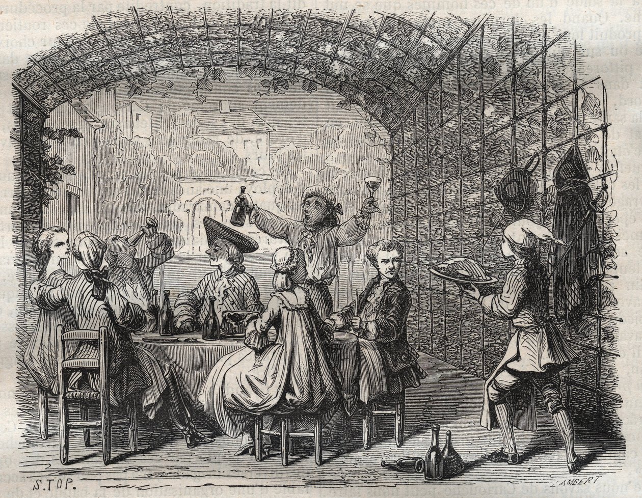 Der Räuber Louis Dominique Garthausen genannt Cartridge (1693-1721) bei einer Mahlzeit mit seinen Gefährten - Gravur in „Causes celebres de tous les peuples“ von French School