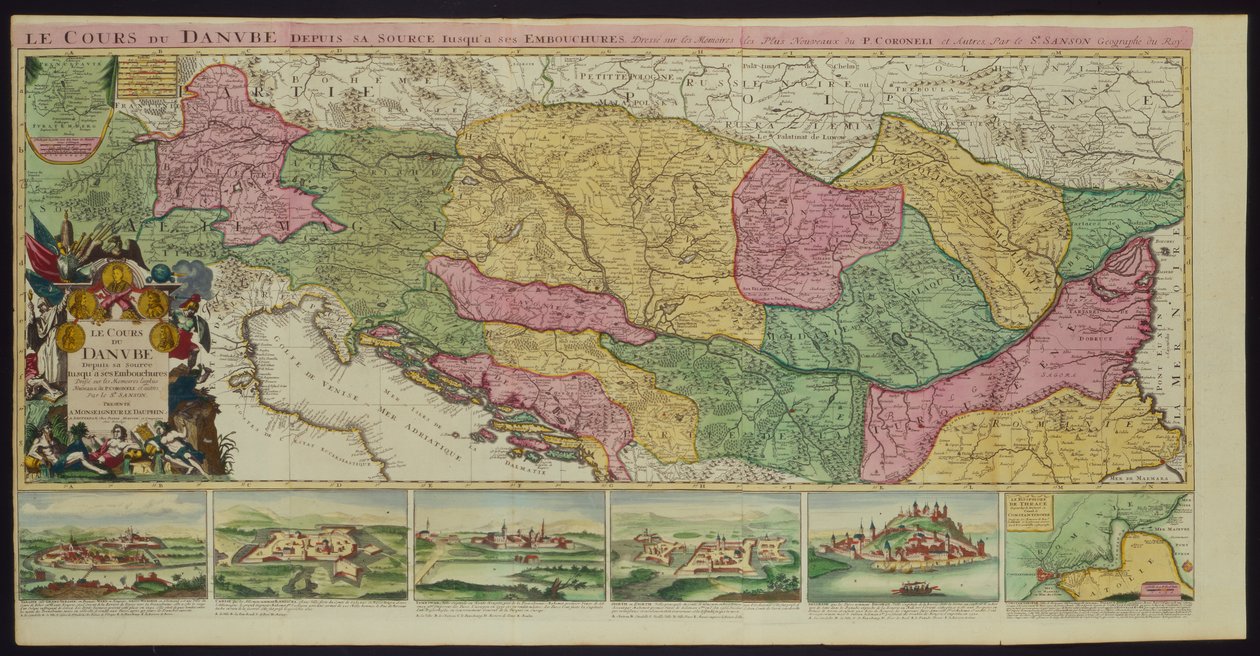 Der Verlauf der Donau von ihrer Quelle bis zu ihrer Mündung, basierend auf den neuesten Memoiren von P. Coroneli und S. Sanson, Geograph des Königs von French School