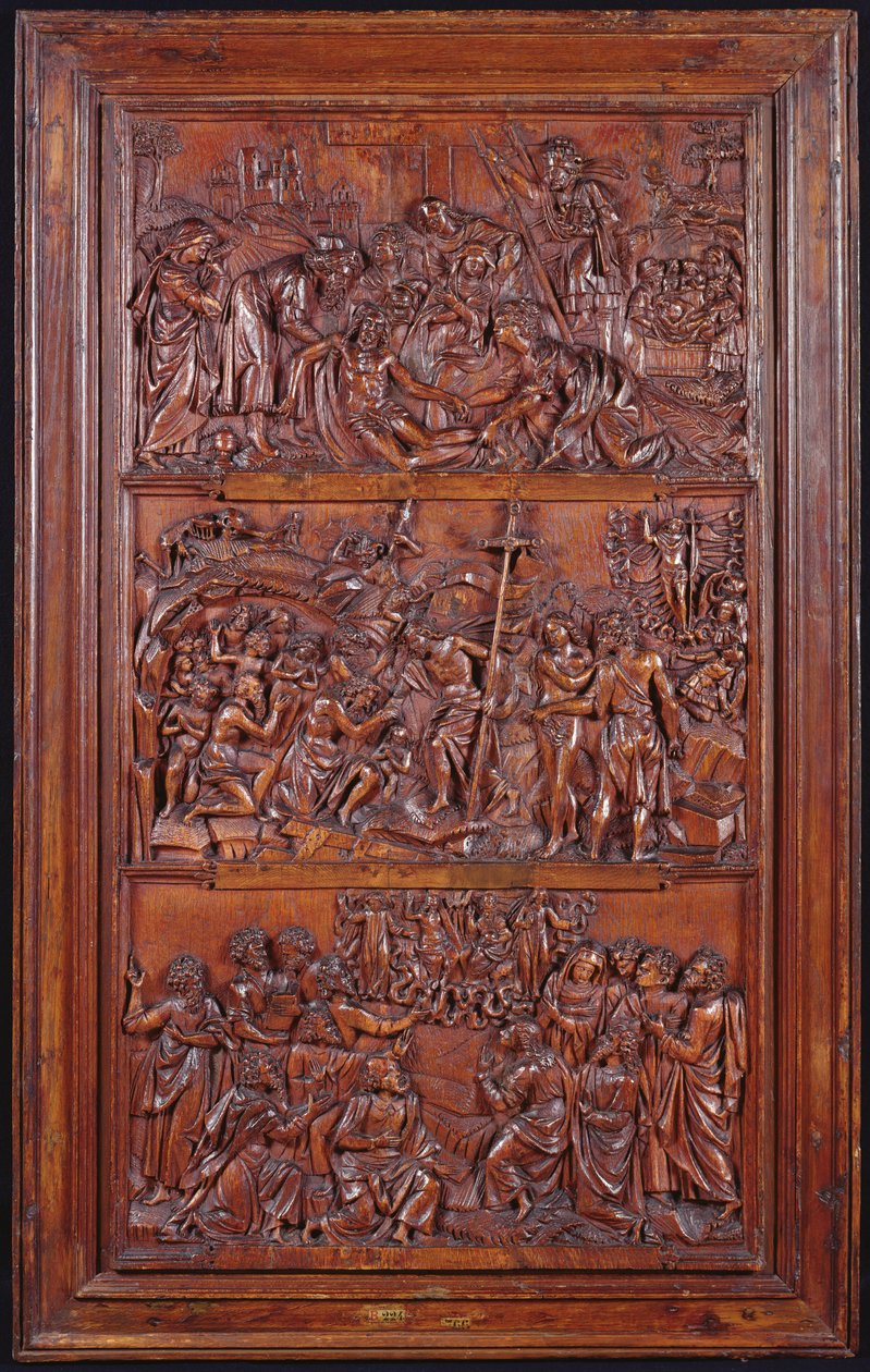 Das Credo, Tafel II: Abnahme vom Kreuz, Grablegung, Auferstehung und Abstieg in die Unterwelt und Himmelfahrt, 1587 (Holz) von French School