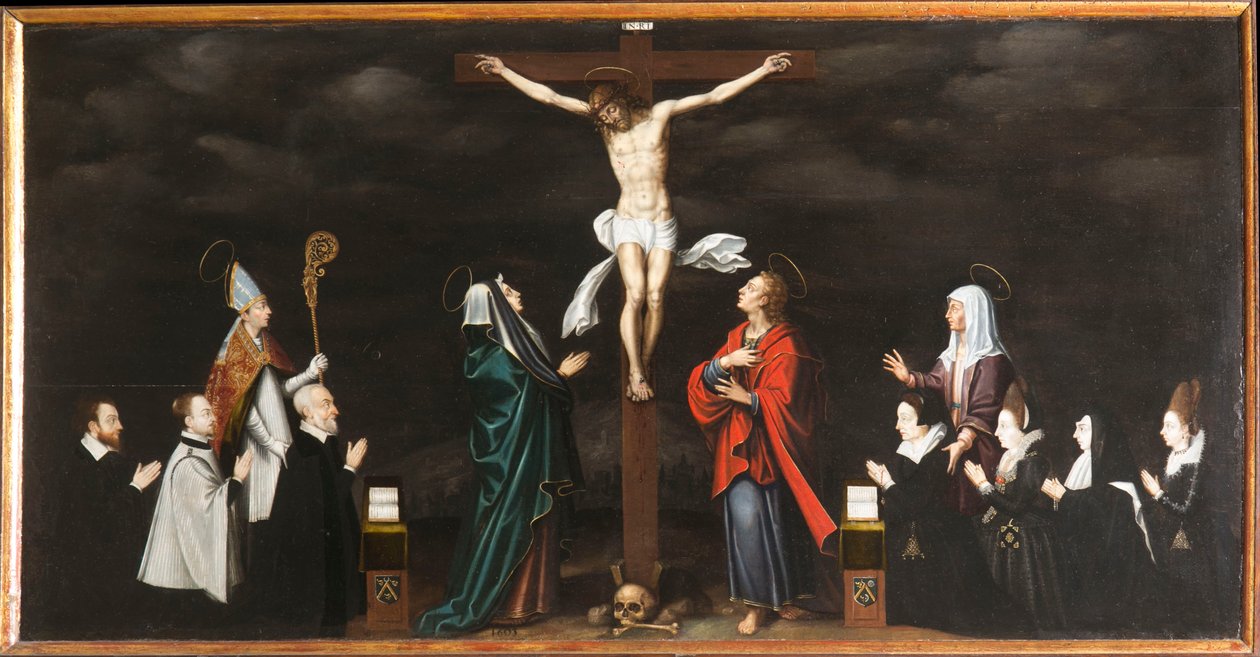 Die Kreuzigung, Porträts der Stifter. Triptychon von Aubery von French School