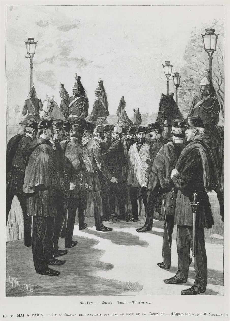 Die Delegation der Gewerkschaften an der Pont de la Concorde während der Demonstration zum 1. Mai in Paris, 1. Mai 1890, graviert von L. Moulignie von French School