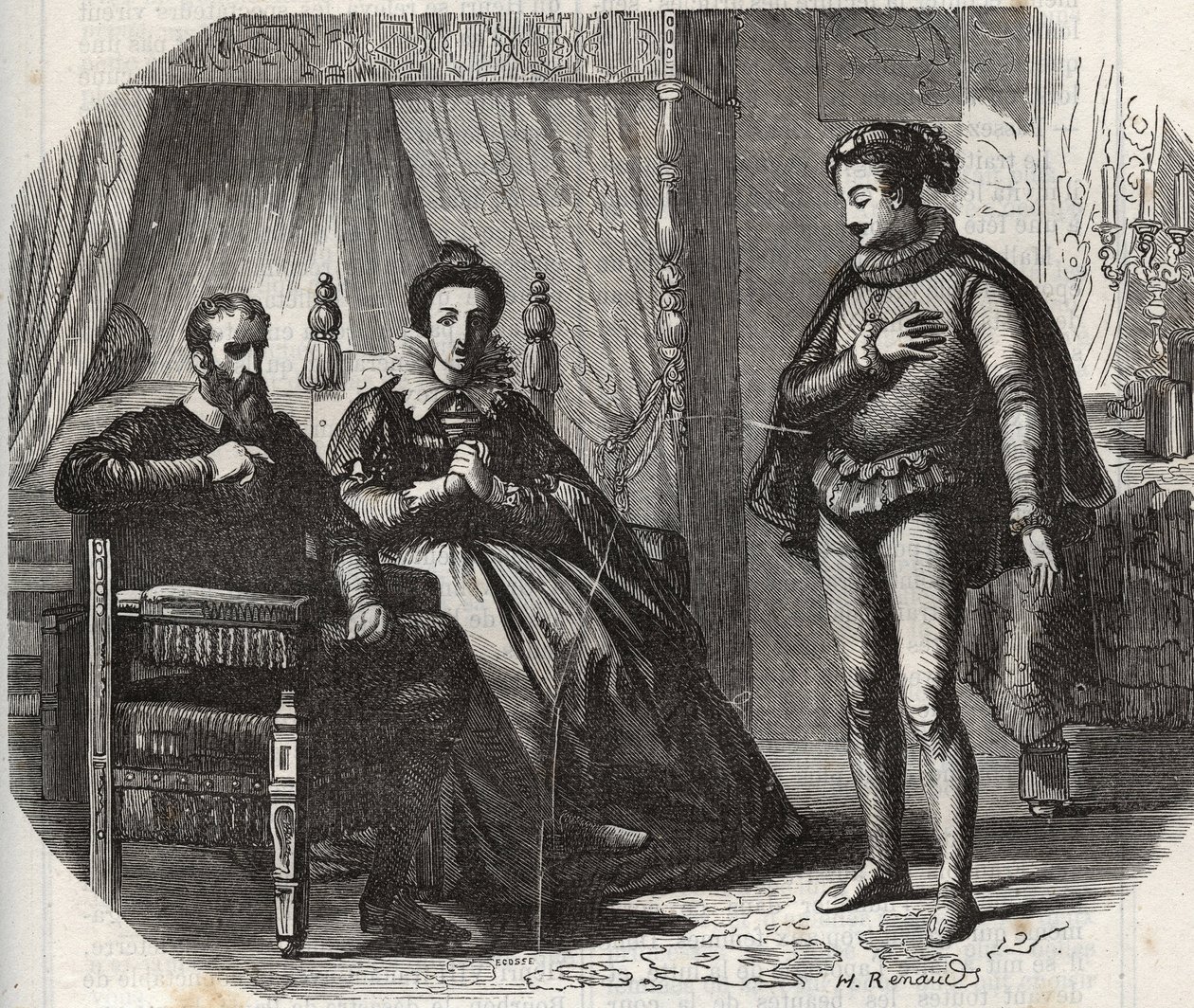 Die Herzogin von Cleves, Mary von Julich Herzogin von Jülich und Berg (1491-1543), erfährt von der Auflösung der Ehe zwischen ihrer Tochter, Anne von Cleves (1515-1557), und dem König von England Heinrich VIII. (1491-1547) im Jahr 1540. Gravur von 1871 in  von French School