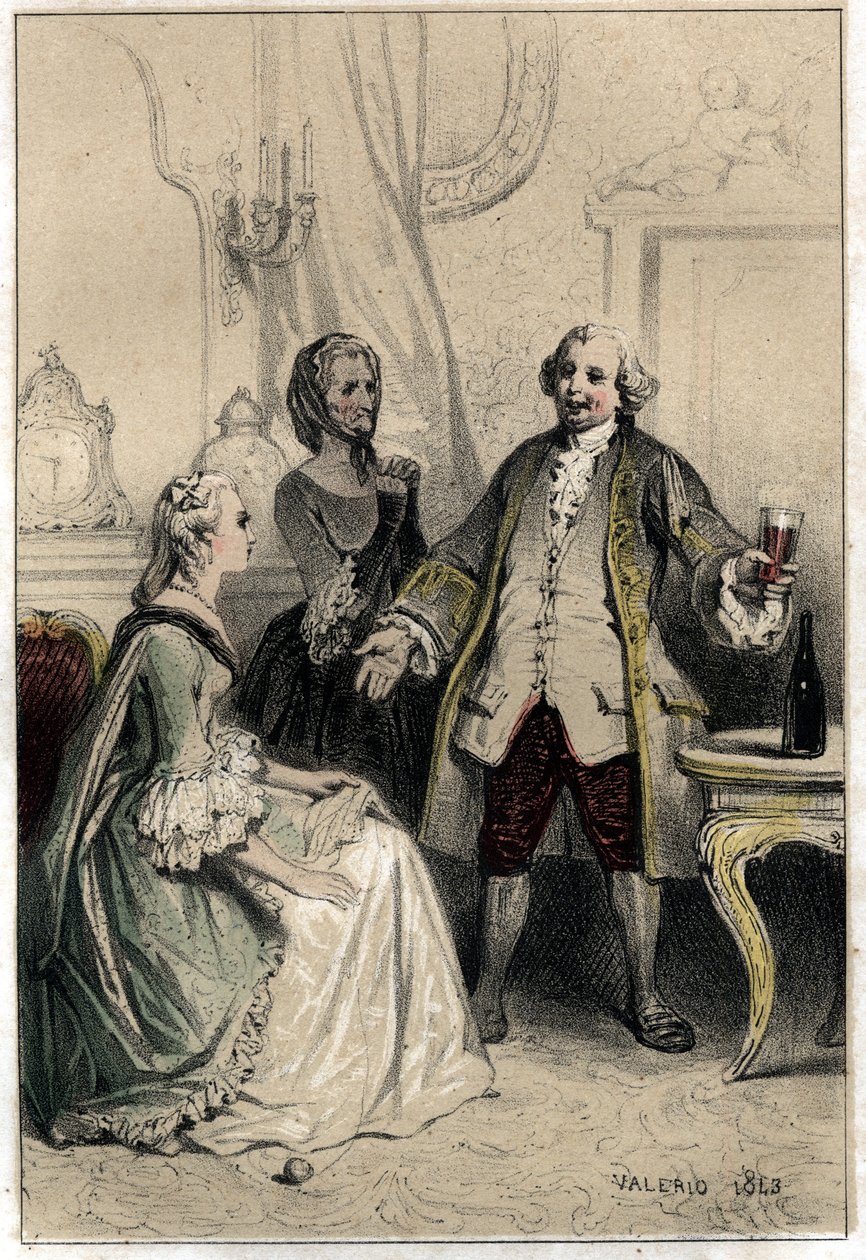 Der englische Komiker David Garrick (1717-1779), verkleidet als Kutscher, stürmt in eine Herzogin, die ihn begehrt, um sie zur Vernunft zu bringen und von der Absurdität ihrer Liebe zu ihm zu überzeugen. Platte aus „Scenes de la vie des hommes famous“ Grav von French School