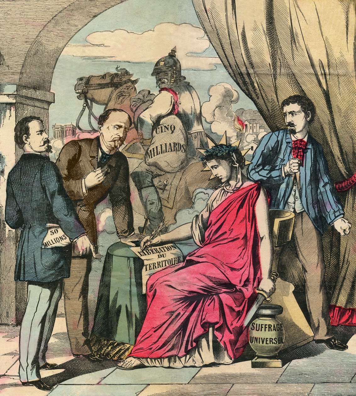 Der Frankfurter Vertrag, unterzeichnet am 10. Mai 1871, beendete den Deutsch-Französischen Krieg nach Verhandlungen zwischen Adolphe Thiers und Otto von Bismarck: Frankreich musste Elsass und einen Teil Lothringens abtreten und 5 Milliarden Francs zahlen.  von French School