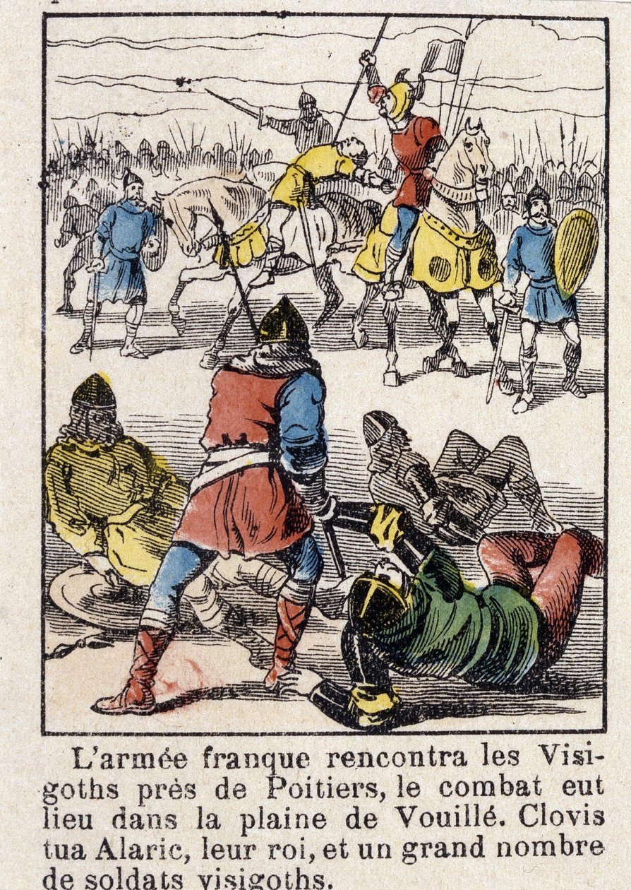 Die französische Armee traf die Westgoten in der Nähe von Poitiers, der Kampf fand in der Ebene von Vouillé statt. Clovis tötete Alarich, ihren König, und eine große Anzahl westgotischer Soldaten, im Jahr 507. von French School