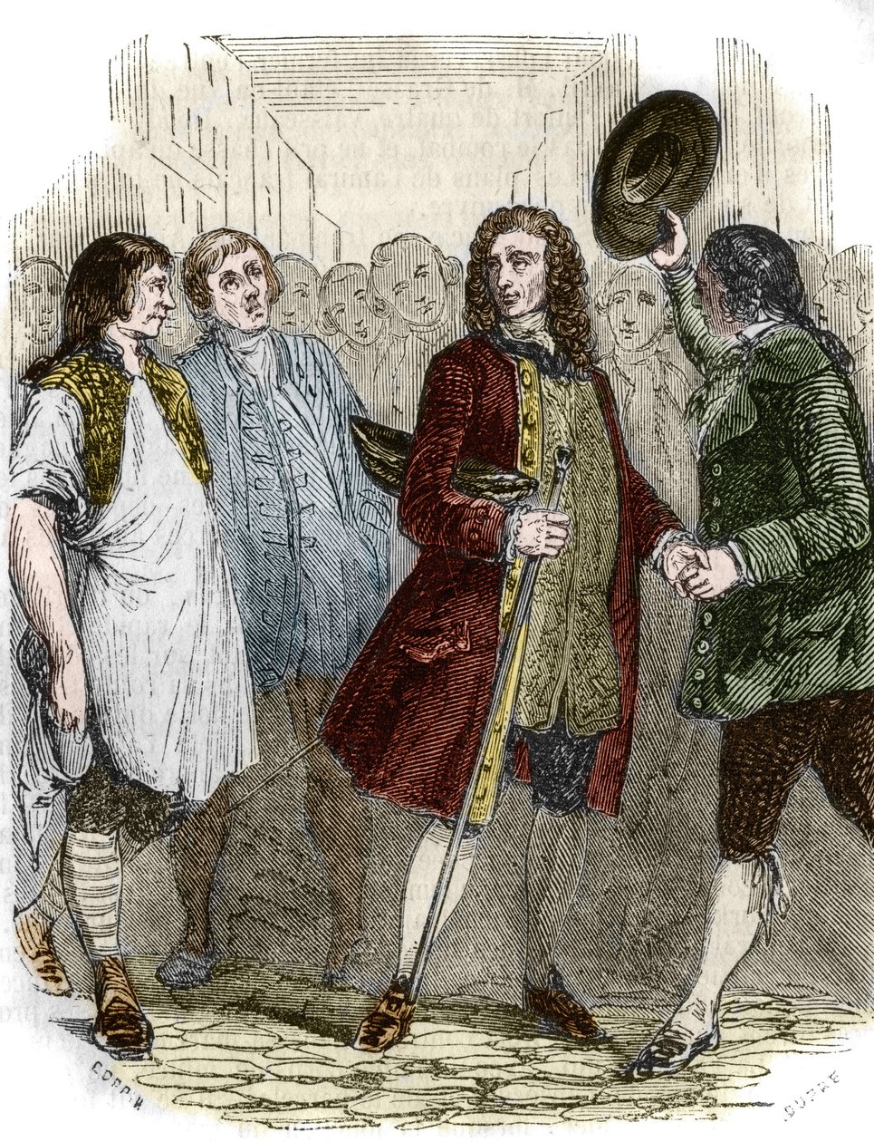 Der französische Schriftsteller und Philosoph Francois-Marie Arouet genannt Voltaire (1694-1778) kehrt nach seinem Exil nach Frankreich zurück. Gravur aus dem 19. Jahrhundert. von French School