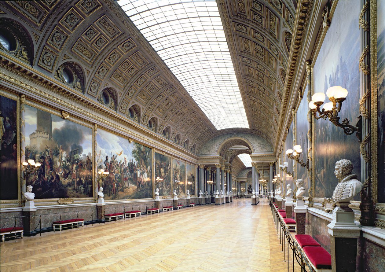 Die Galerie des Batailles (Schlachtengalerie), dekoriert mit 33 Gemälden, die die größten französischen Militärsiege illustrieren, fertiggestellt 1837 von French School