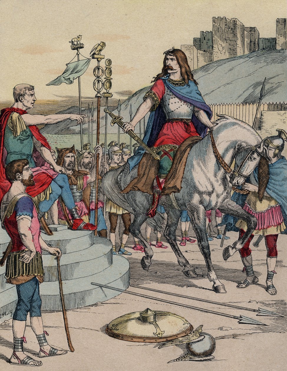 Der gallische Anführer Vercingetorix (72-46 v. Chr.) ergibt sich dem römischen Anführer Julius Caesar (100-44 v. Chr.) nach der Schlacht von Alesia im Jahr 52 v. Chr. von French School