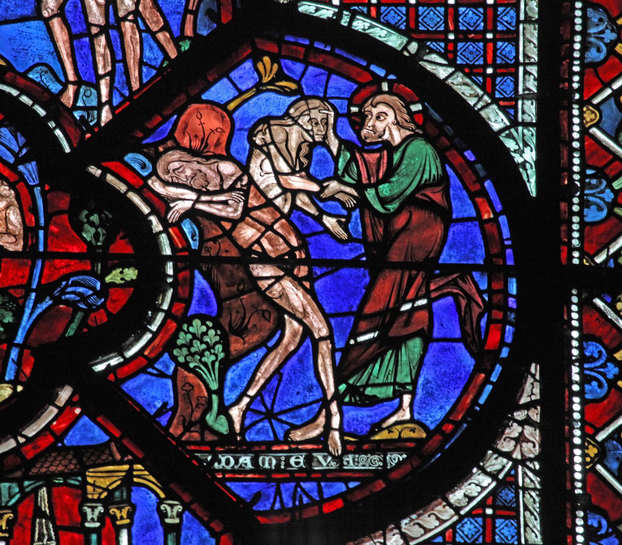 Das Fenster des barmherzigen Samariters: Gott erschafft die Frau aus der Rippe des schlafenden Adam von French School