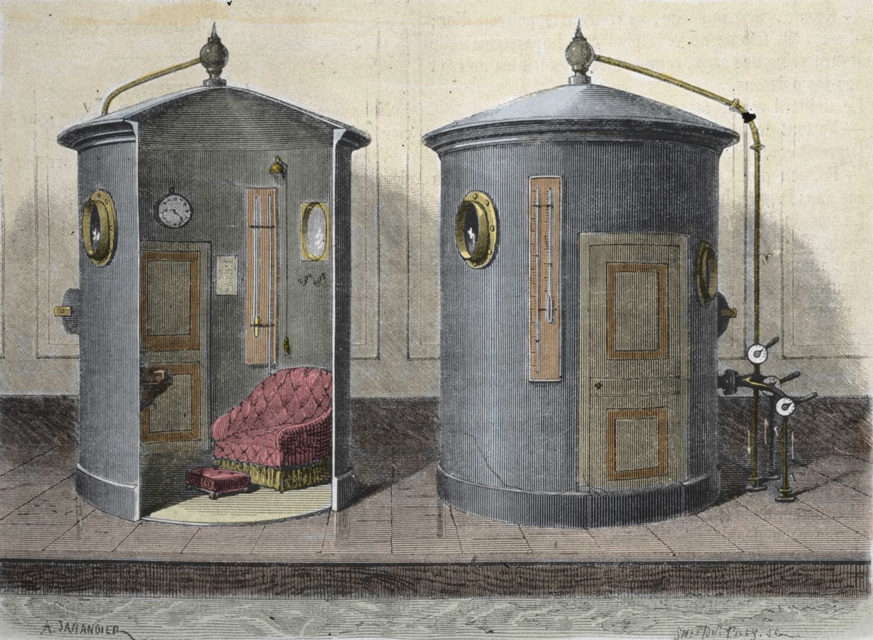 Die hyperbare Kammer von Paul Bert (1833-1887), Physiologe und französischer Politiker. Gravur von 1855. von French School