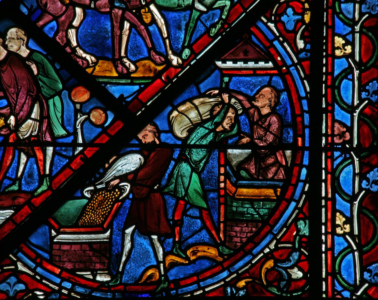 Das Joseph-Fenster: Die Ägypter lagern das Getreide ein von French School