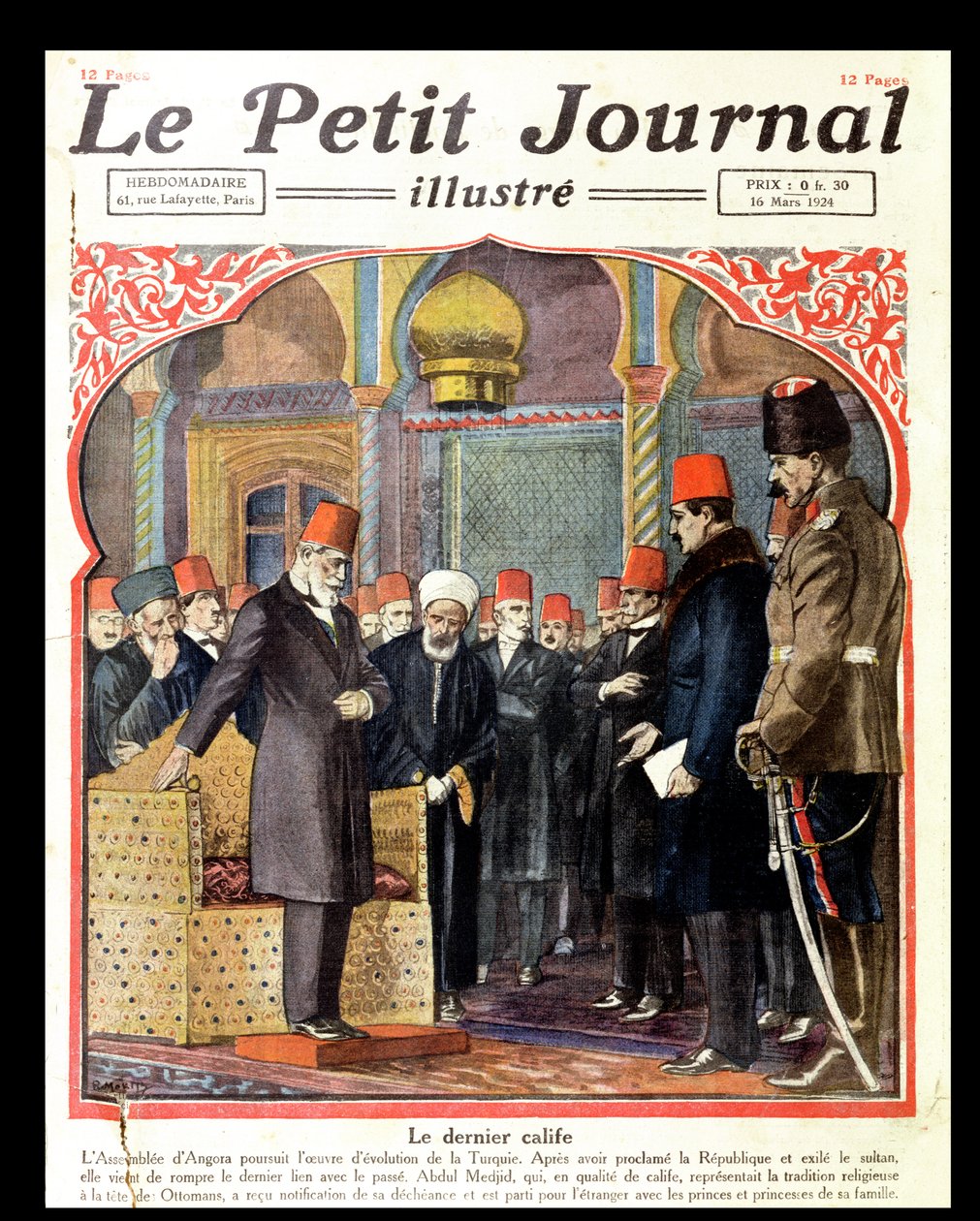 Der letzte Kalif, Abdul Majid II. (1868-1944) vom Thron gestürzt durch die Versammlung von Ankara, aus Le Petit Journal, 1924 von French School