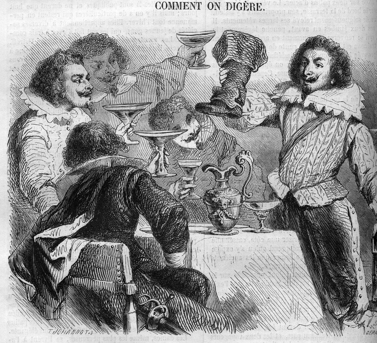 Der Marquis François de Bassompierre (1579-1646) trinkt aus seinem Kesselstiefel. Gravur von 1852. von French School