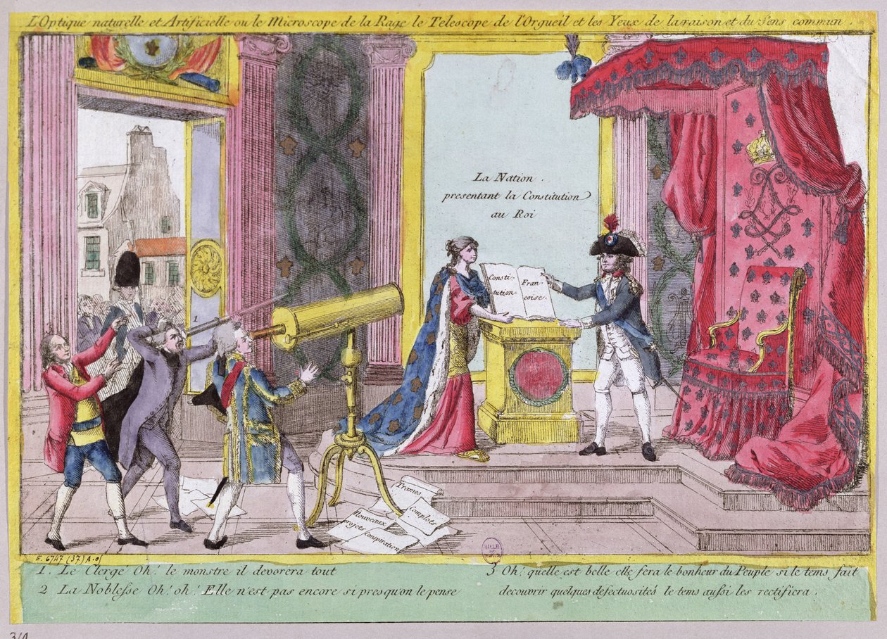 Das Mikroskop des Zorns, das Teleskop des Stolzes und die Augen der Vernunft und des gesunden Menschenverstands, Karikatur der Reaktion des Adels und Klerus auf die Französische Verfassung, um 1791 von French School
