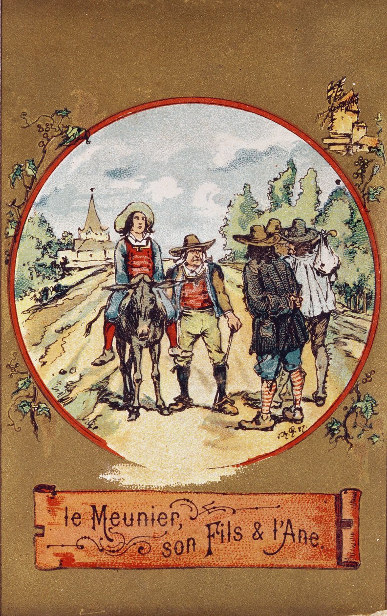 Der Müller, sein Sohn und der Esel, ca. 1880 (farbige Gravur) von French School