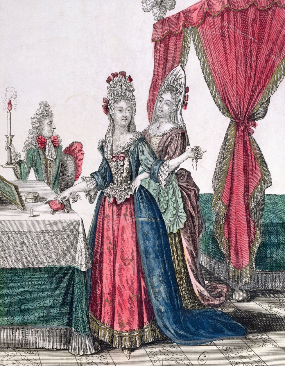 Die Nacht, Dame geht zu Bett, 2. Hälfte des 17. Jahrhunderts (Farbgravur) von French School