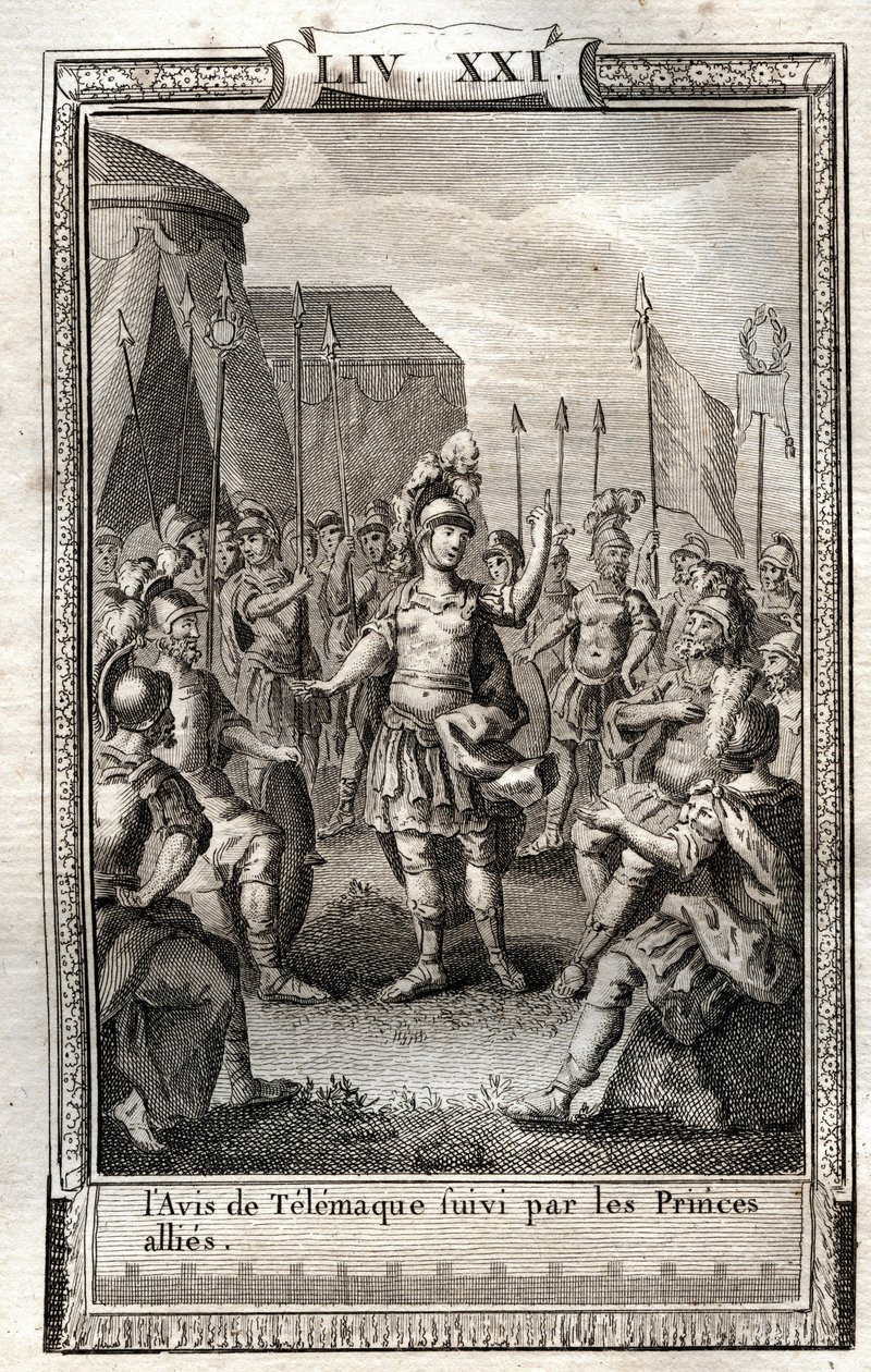 Die Ankündigung von Telemachus gefolgt von den verbündeten Prinzen - Gravur von 1798 nach Monnet in Les Aventures de Telemaque, fils d
