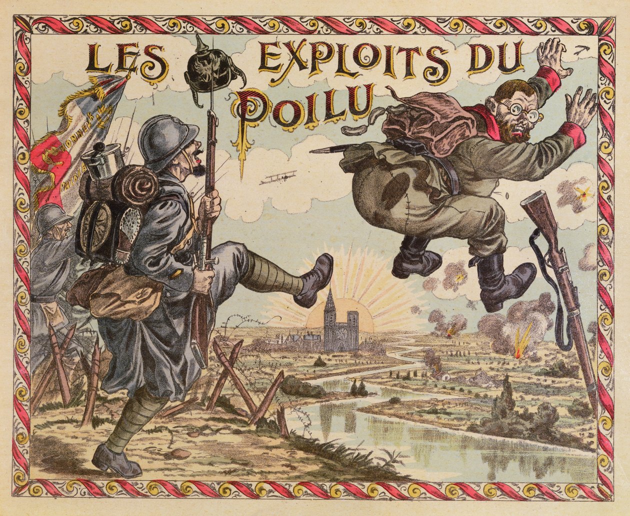 Die Errungenschaften der Poilus, die Deutschen über den Rhein drängend, Titel eines Brettspiels, ca. 1914-15 von French School