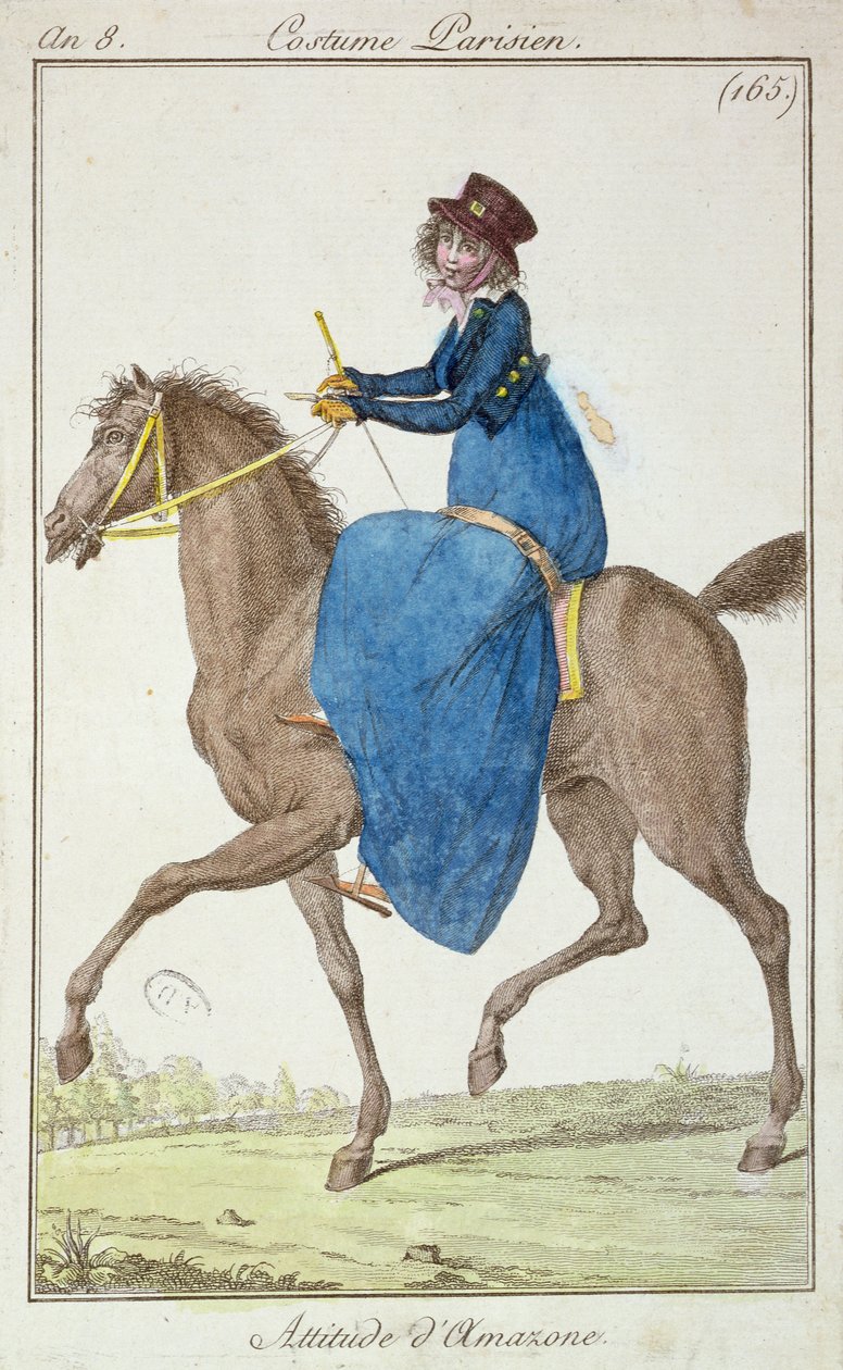 Die Pose der Amazone, Modeplatte aus Costumes Parisiens, 1800 von French School