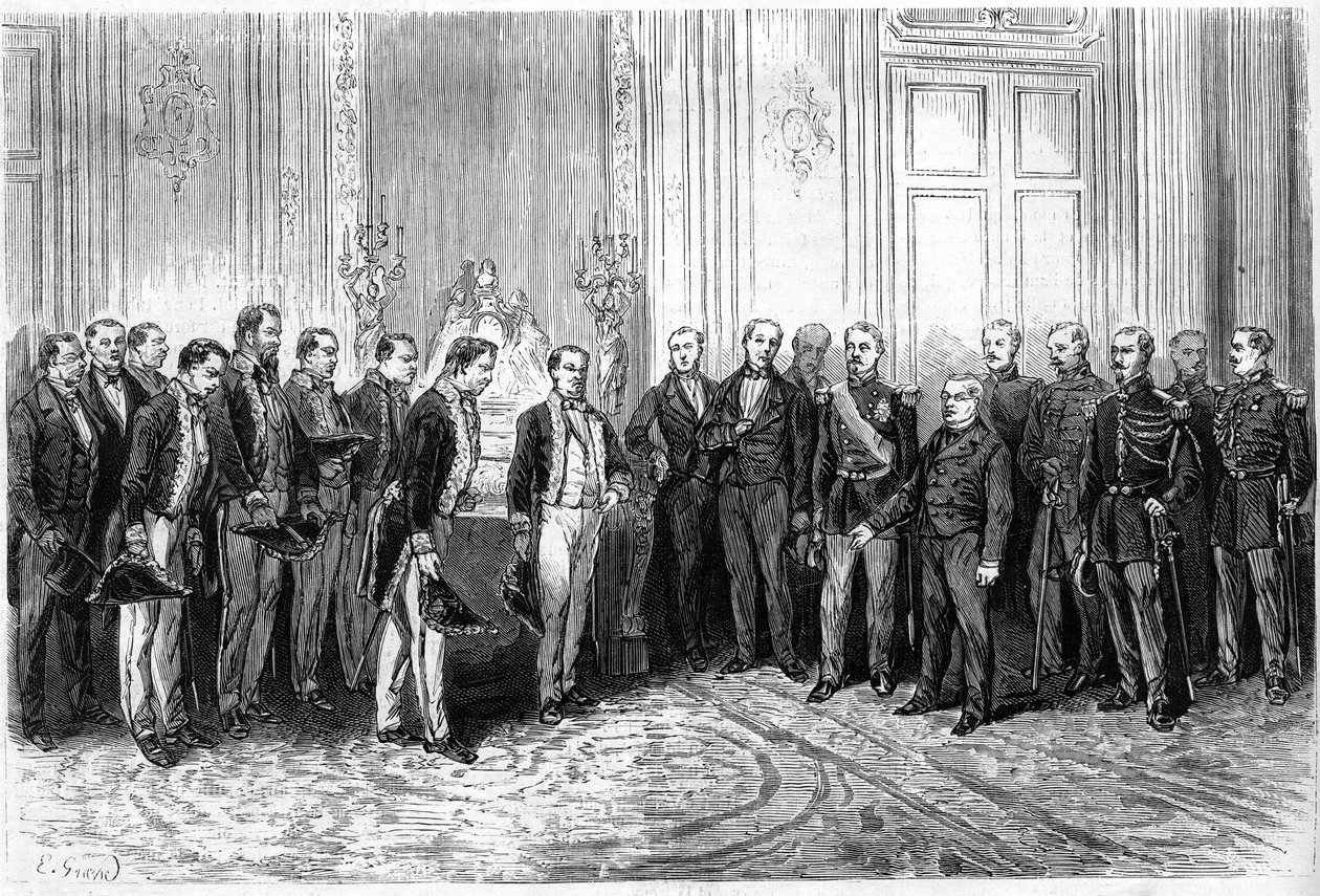 Der Präsident der Französischen Republik Adolphe Thiers (1797-1877) empfängt japanische Botschafter im Élysée-Palast. Gravur in „Le Monde Illustré“ Nr. 821 vom 4. Januar von French School