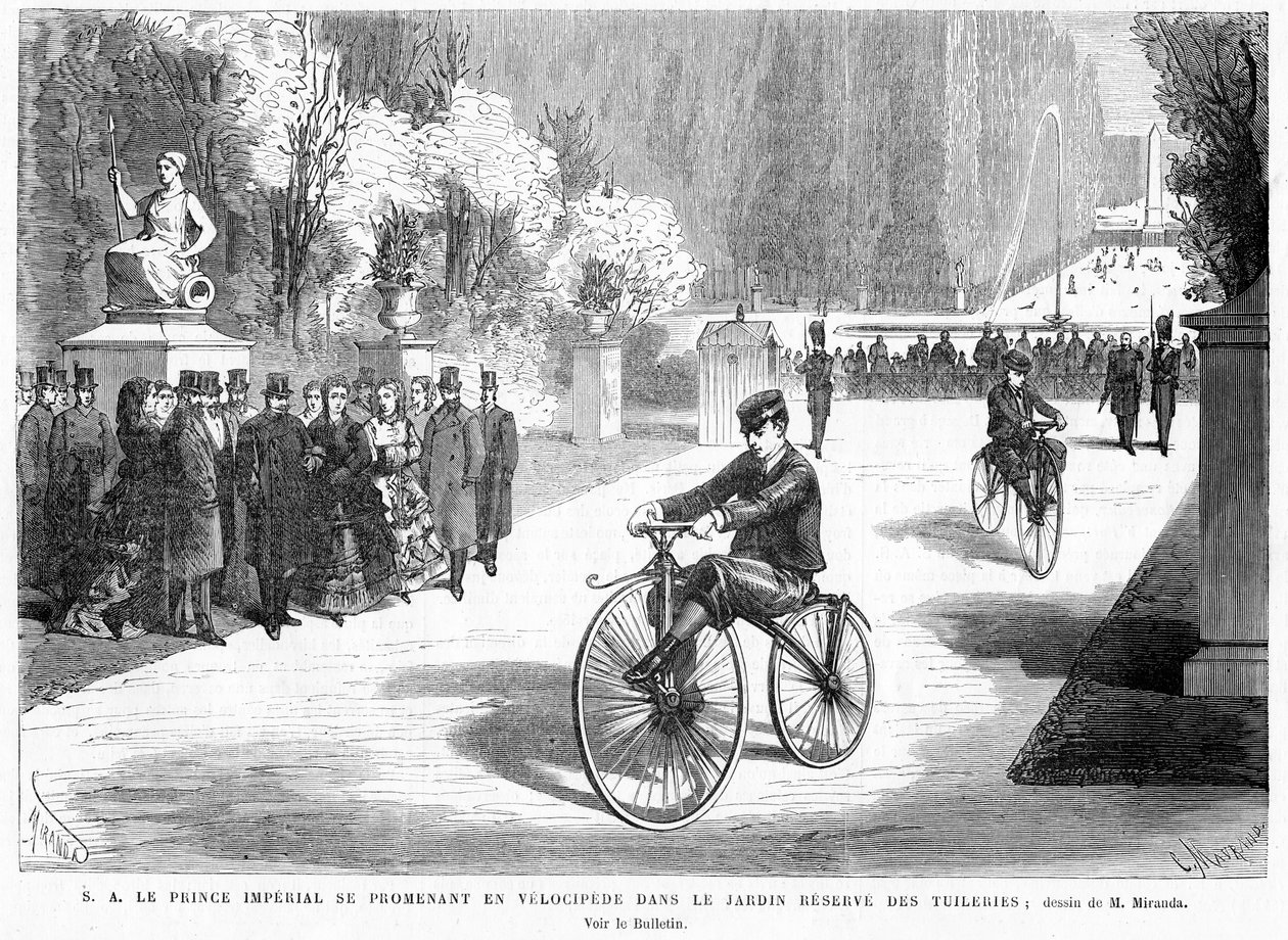 Der kaiserliche Prinz, beobachtet von seinen Eltern, dem Kaiser und der Kaiserin, zeigt seine Fähigkeiten im Radfahren auf einem Michaux-Velociped im Tuileriengarten, Paris, 1869 von French School
