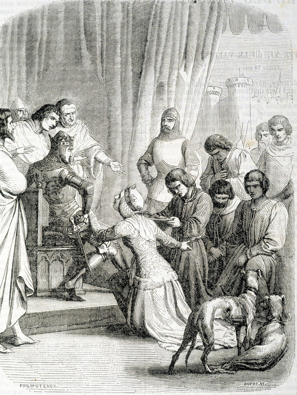 Die Königin von England (Philippa von Hennegau) bittet ihren Ehemann Edward III. um Gnade für die Einwohner von Calais (Episode der 6 Bürger von Calais) von French School
