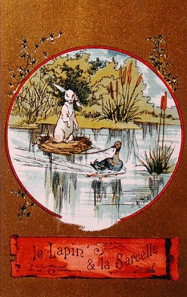 Der Hase und die Krickente, illustrierte Karte, die die Fabel von Jean de la Fontaine (1621-95) darstellt, ca. 1880 von French School