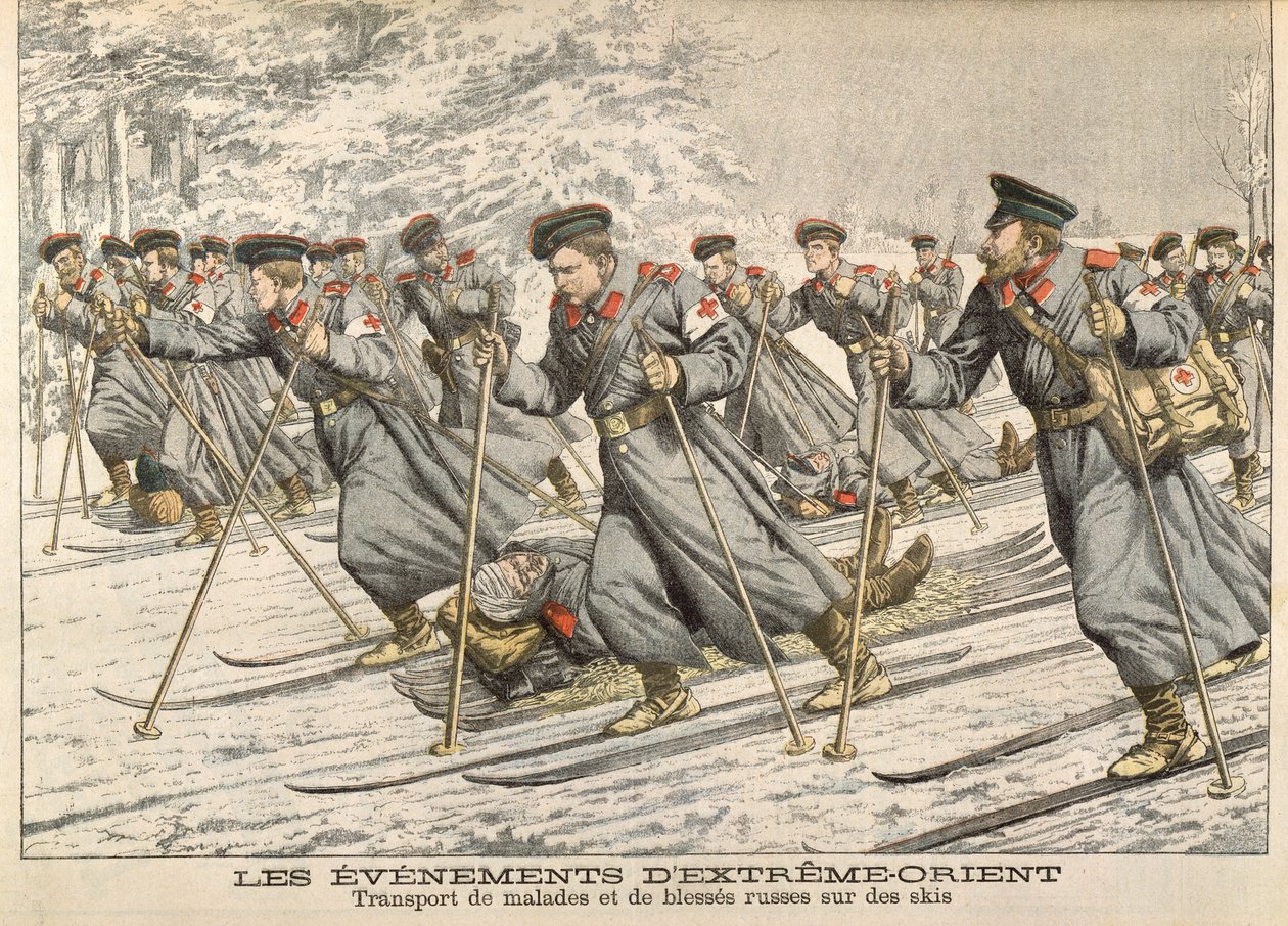 Das Rote Kreuz transportiert verletzte Russen auf Skiern während des Russisch-Japanischen Krieges (1904-05) aus Le Petit Journal, um 1904 von French School