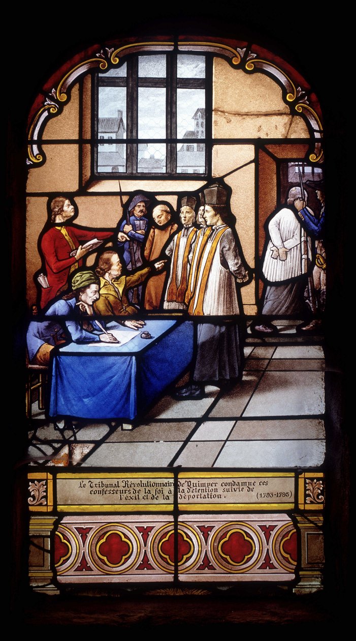 Das Revolutionstribunal von Quimper verurteilt diese Glaubensbekenner zu Haft, gefolgt von Exil und Deportation (1793-95) - Buntglasfenster der St. Germain Kirche in Kerlaz von French School