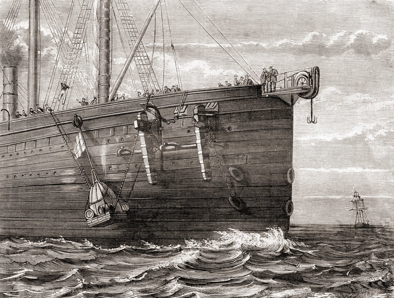 Die S.S. Great Eastern wirft eine Boje ins Meer, um die Stelle eines verlorenen transatlantischen Telegraphenkabels zu markieren von French School