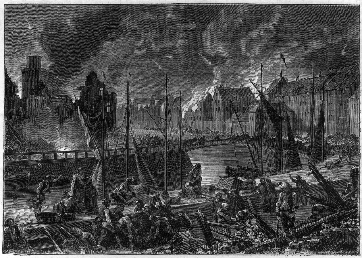 Die zweite Schlacht von Kopenhagen (oder die Bombardierung von Kopenhagen) (16. August-5. September 1807) Britische Bombardierung von Kopenhagen, um die dänisch-norwegische Flotte zu erobern, während der Napoleonischen Kriege - Englische Kriege - Die Schla von French School