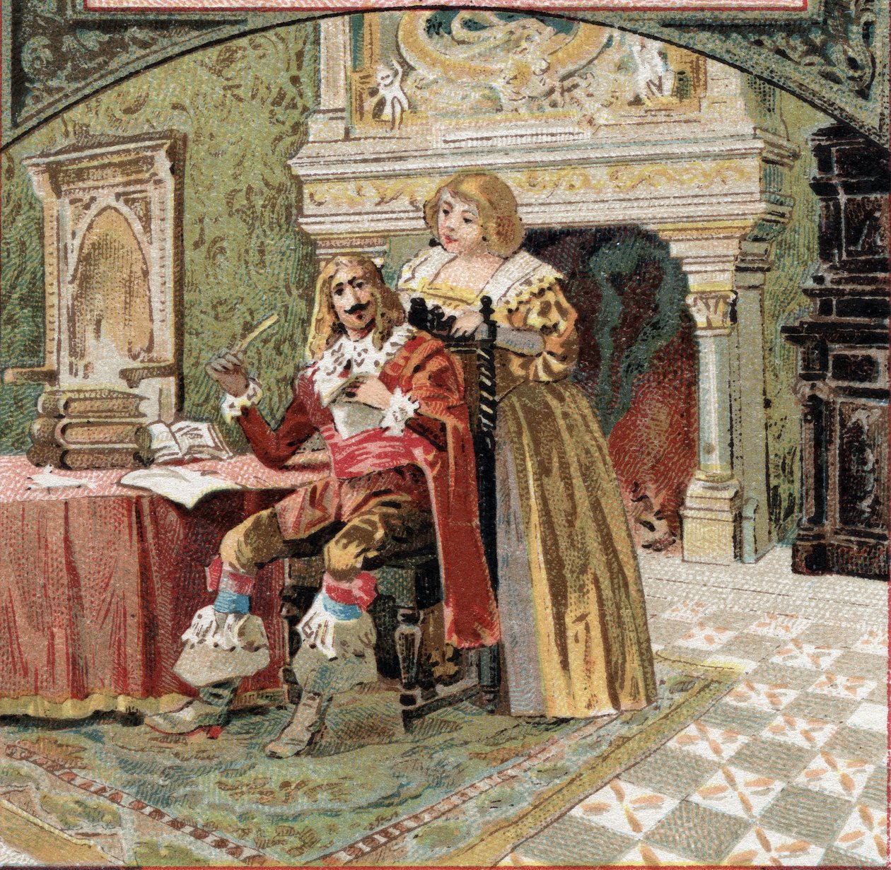 Der Sire von Beringhen und Madame du Fargis verschworen sich gegen Richelieu (Armand Jean du Plessis, Kardinal von Richelieu (1585-1642), Minister von Ludwig XIII., im Schloss von Azay-le-Rideau. Chromolithographie aus dem späten 19. Jahrhundert von French School
