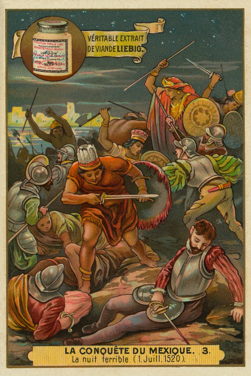Die traurige Nacht: Aztekenaufstand gegen die Spanier, Juli 1520, Die Eroberung Mexikos, Liebig-Karte von French School
