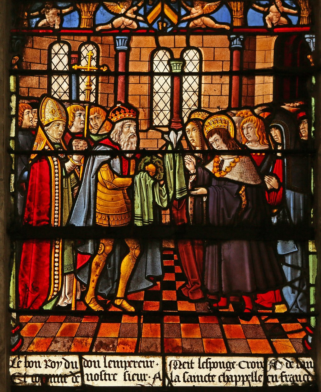 Das Fenster des Heiligen Ludwig: Der Kaiser bietet Reliquien der Leidenswerkzeuge an von French School