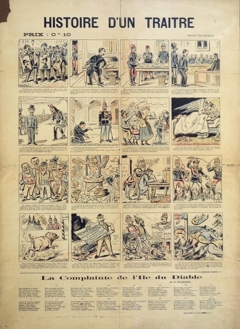Die Geschichte eines Verräters, anti-Dreyfusard-Karikatur und Liedblatt von French School