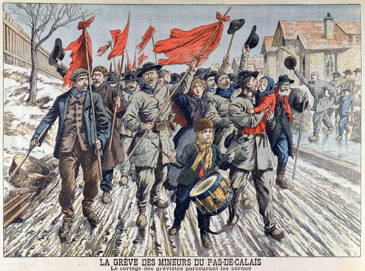 Der Streik der Bergleute in Pas-de-Calais, der Umzug der Streikenden im Bergbaudorf, aus Le Petit Journal, 1. April 1906 von French School
