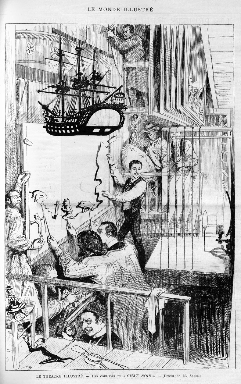 Das Theater illustriert: Hinter den Kulissen des „Chat noir“. Gravur in „Le Monde Illustré“, 1888. von French School