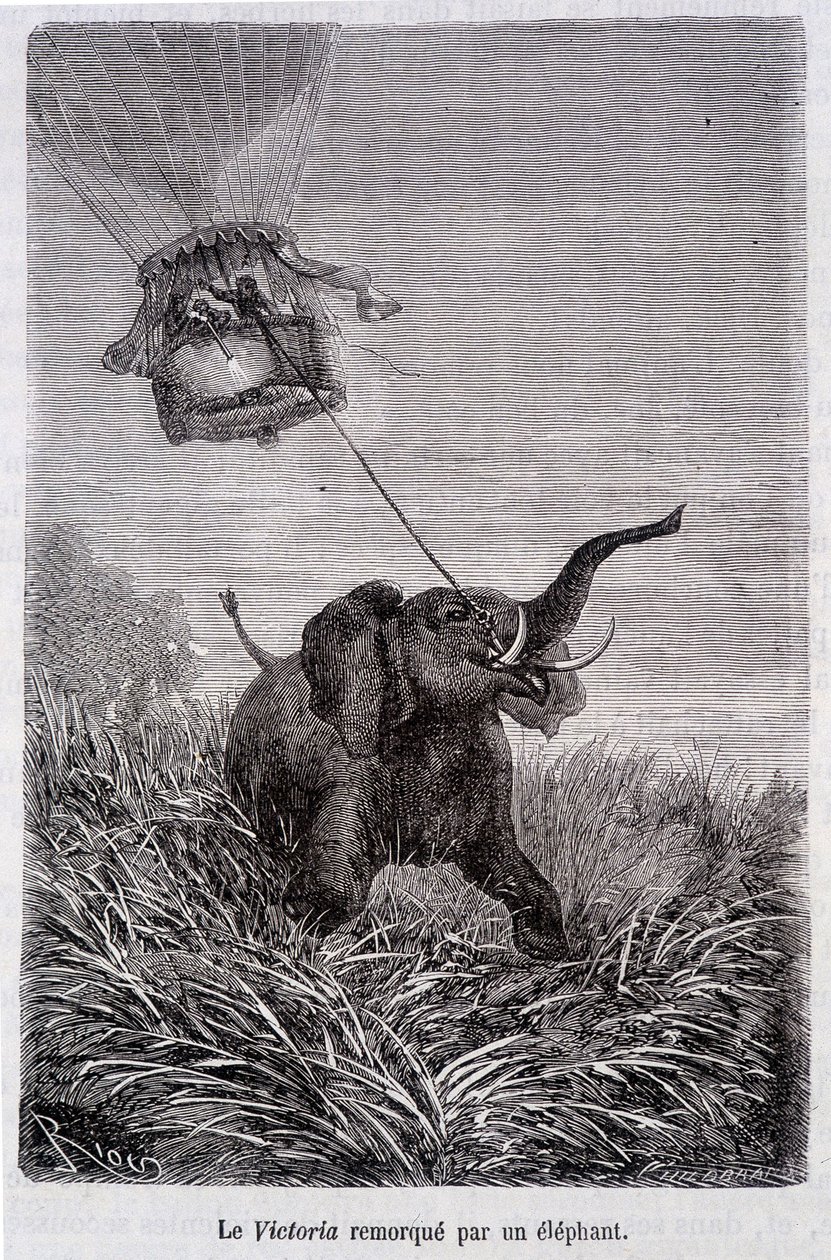 Die Victoria von einem Elefanten gezogen - in „Fünf Wochen im Ballon“, Roman von Jules Verne von French School
