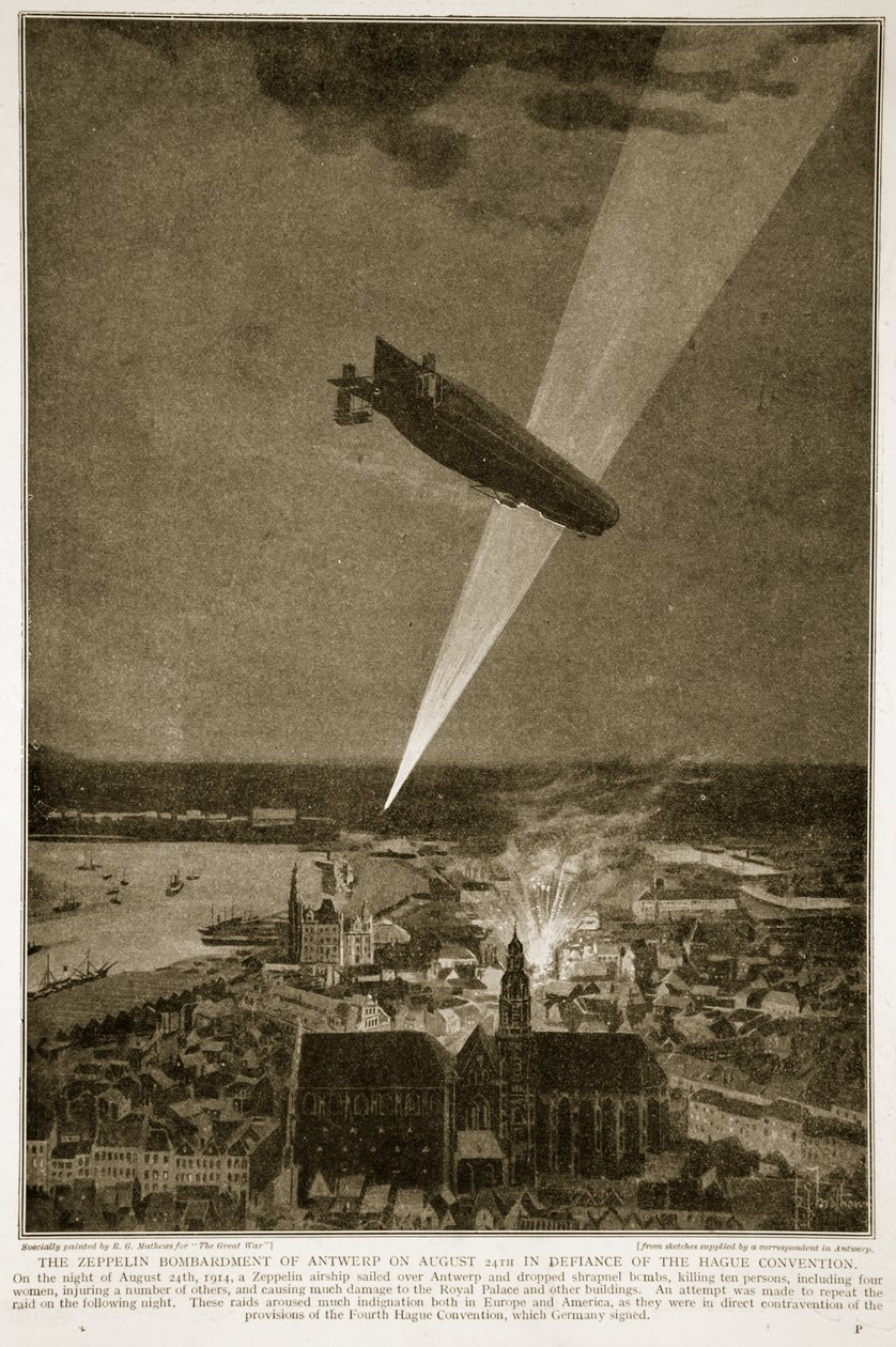 Die Zeppelin-Bombardierung von Antwerpen am 24. August 1914 trotz der Haager Konvention, 1914-19 von French School