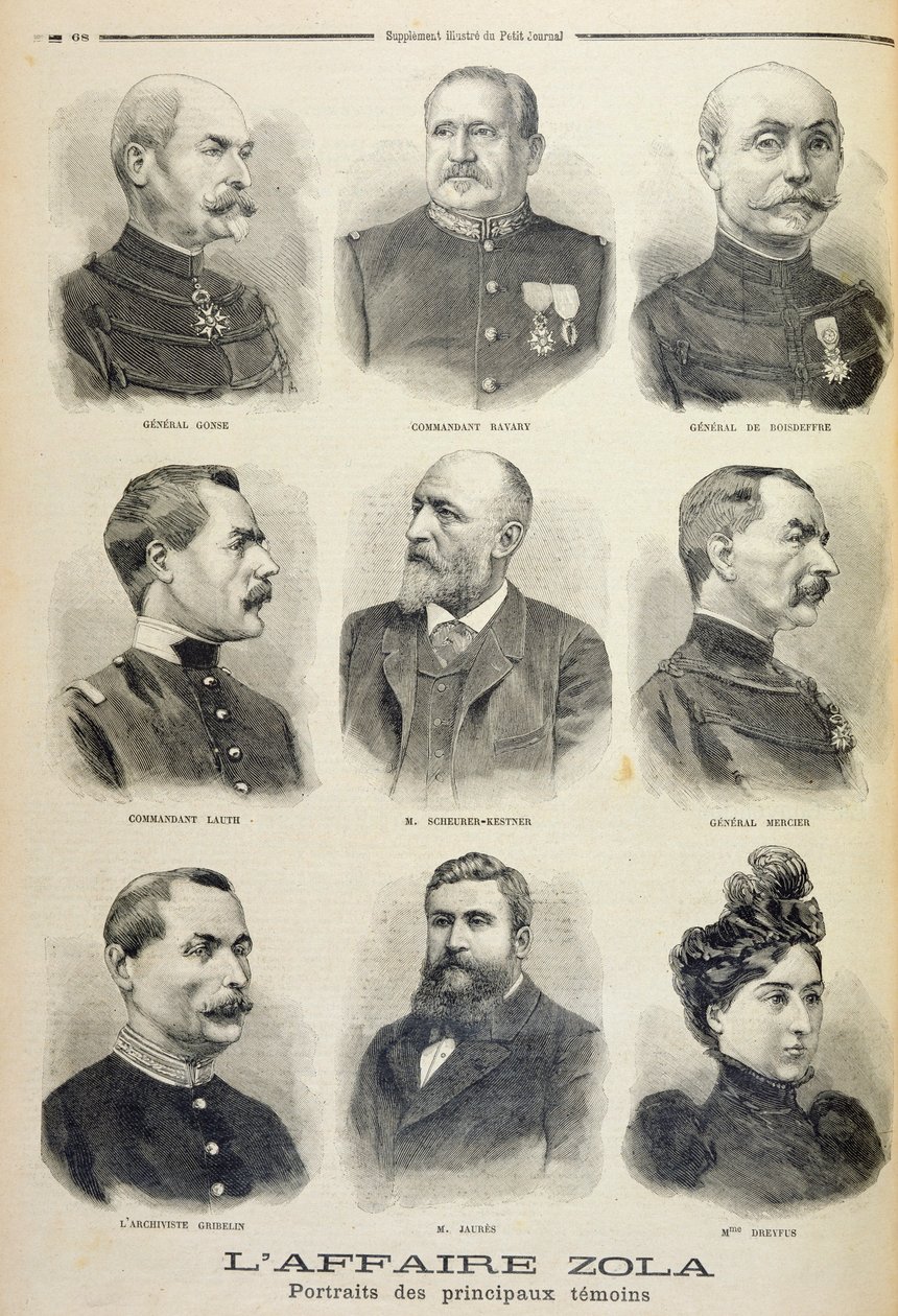 Die Zola-Affäre: Porträts der Hauptzeugen, Illustration aus der illustrierten Beilage von Le Petit Journal, 27. Februar 1898 von French School