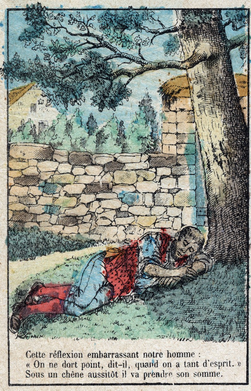 Die Eichel und der Kürbis. Fabeln von Jean de La Fontaine (1621-95). Epinal-Bild Ende des 19. Jahrhunderts. von French School