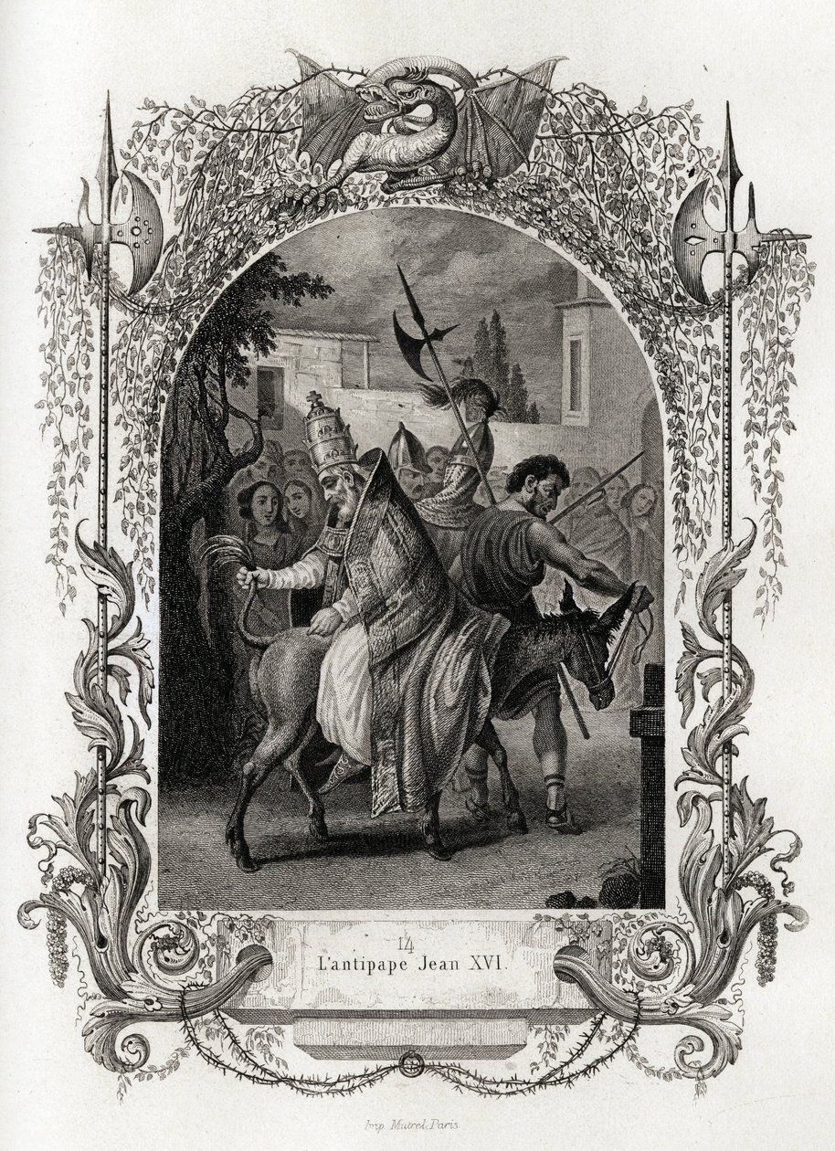 Der Gegenpapst Johannes XVI (997 bis 998). Gravur zur Illustration von Histoire des popes von Maurice Lachatre (1814-1900), librairie du progres, Paris von French School
